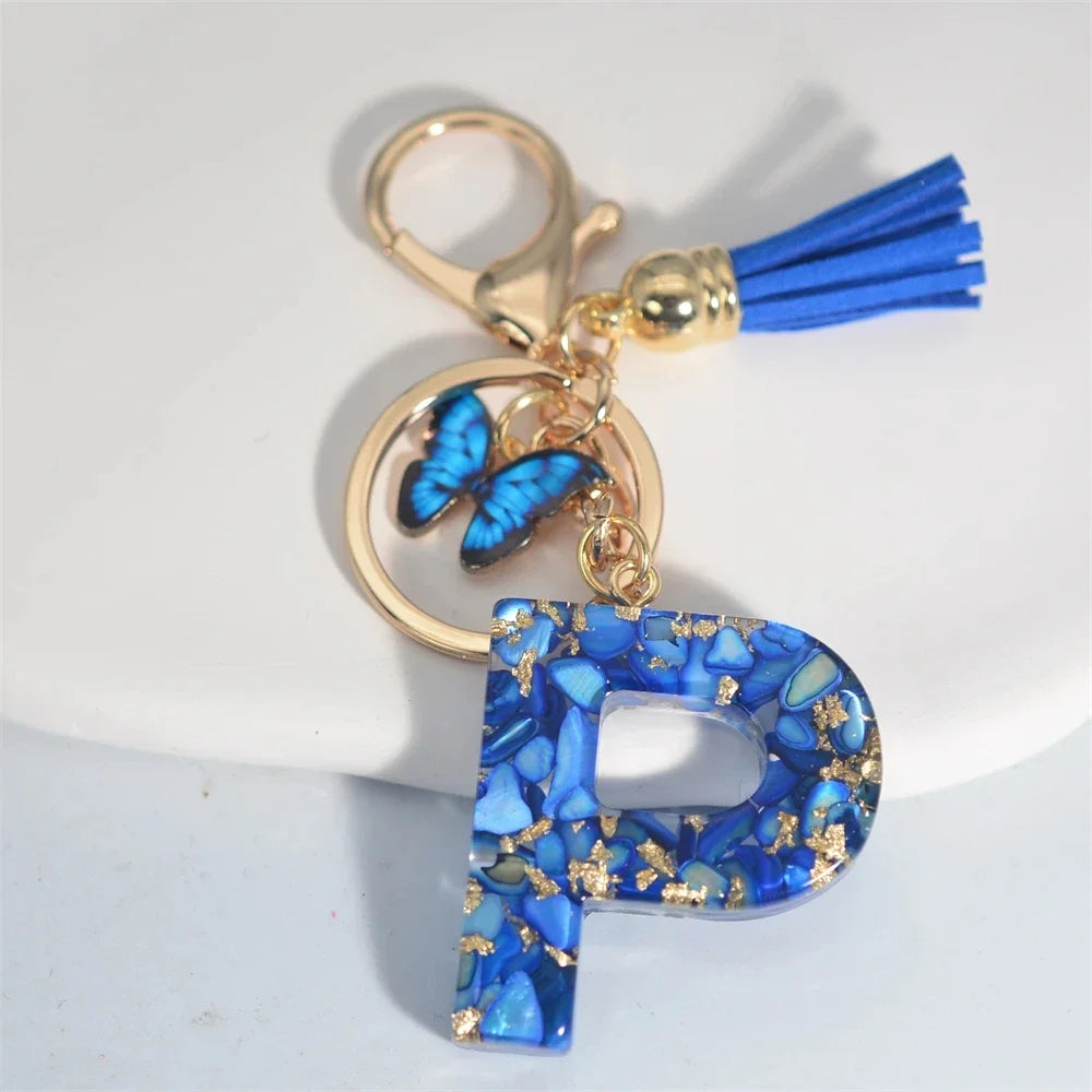 Initial Letter Keychain with Butterfly & Tassel