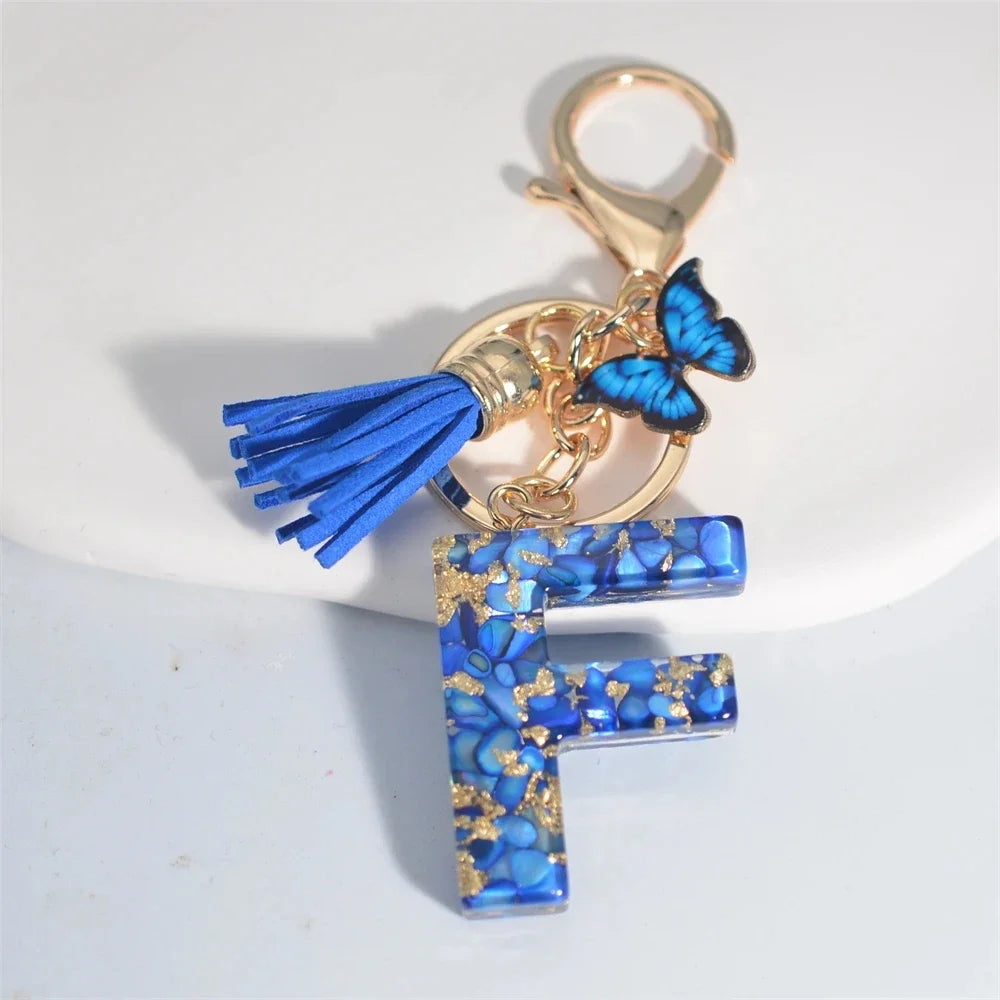 Initial Letter Keychain with Butterfly & Tassel