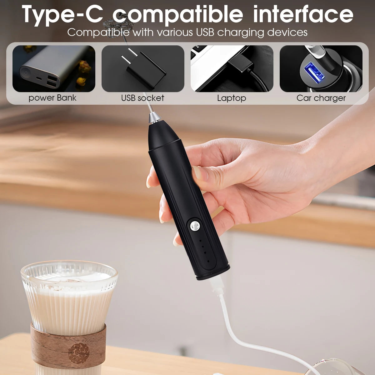 Rechargeable 3-Speed Milk Frother & Mini Whisk