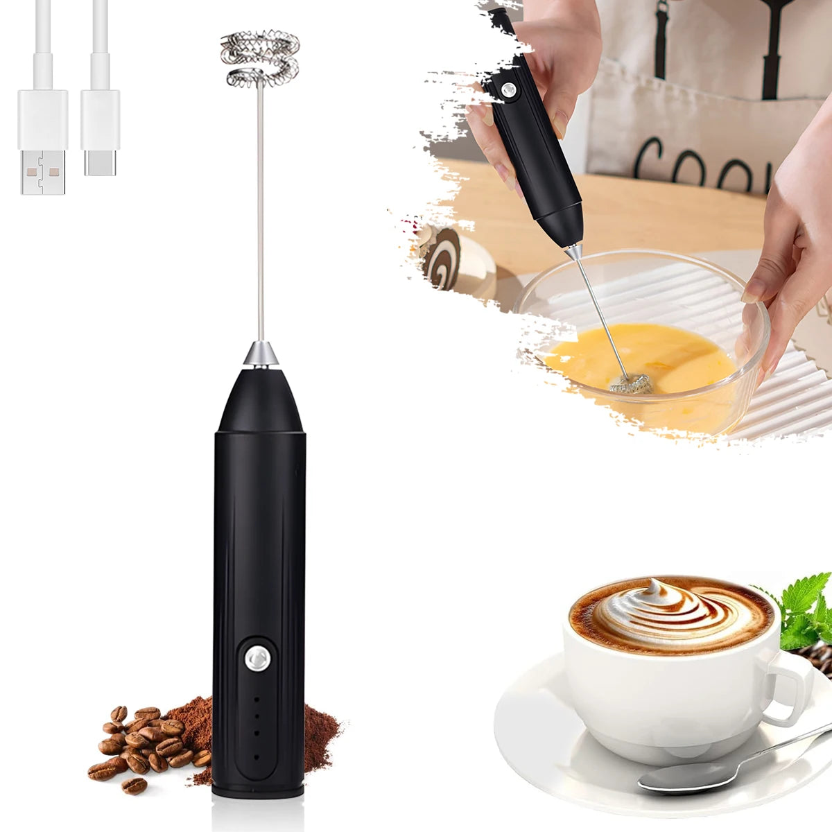 Rechargeable 3-Speed Milk Frother & Mini Whisk