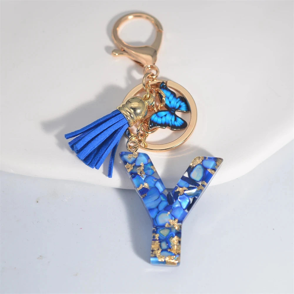Initial Letter Keychain with Butterfly & Tassel