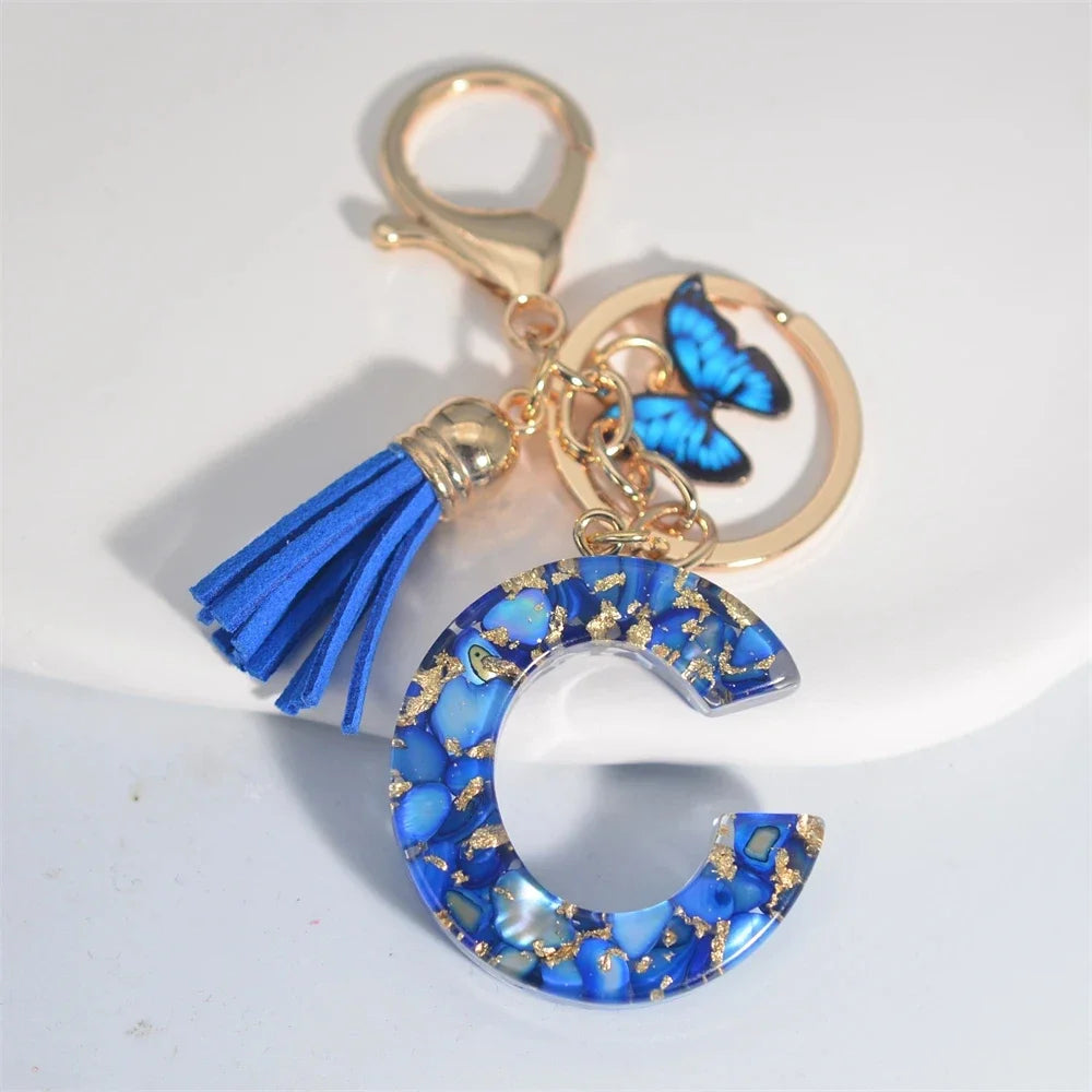 Initial Letter Keychain with Butterfly & Tassel