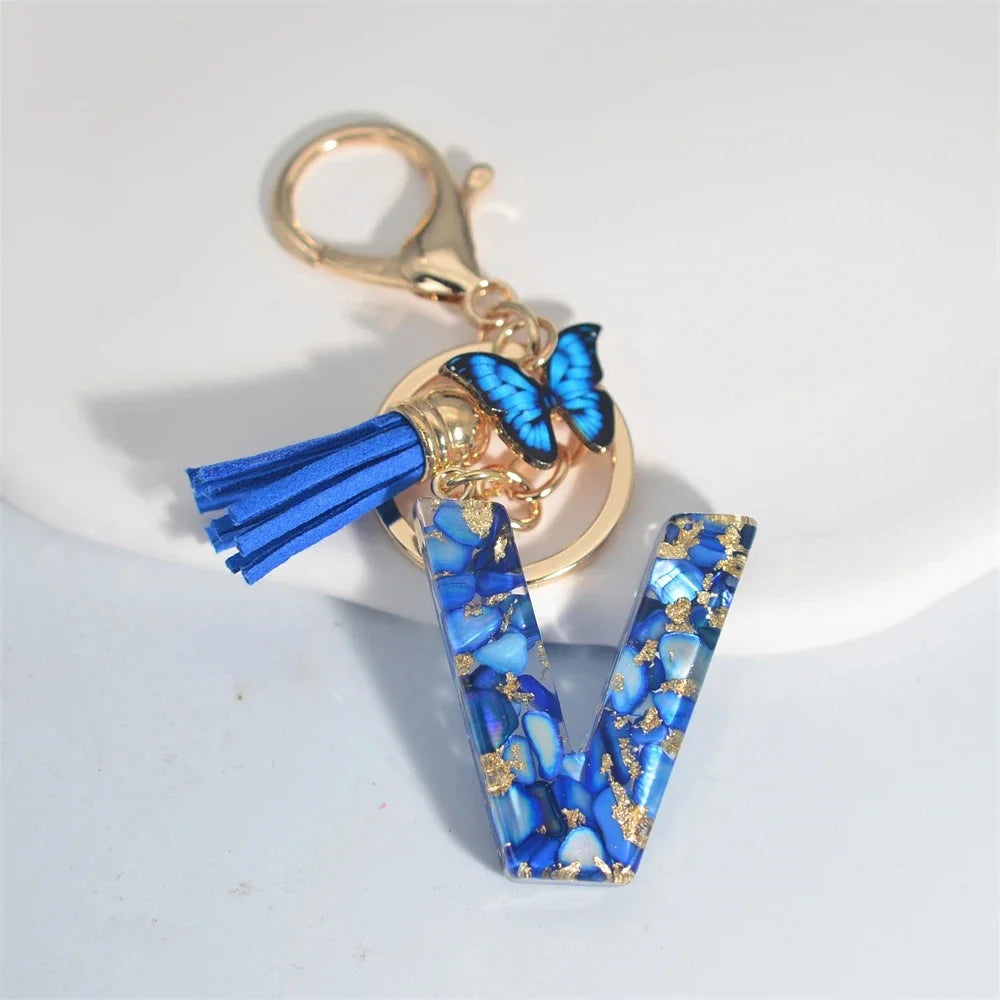 Initial Letter Keychain with Butterfly & Tassel
