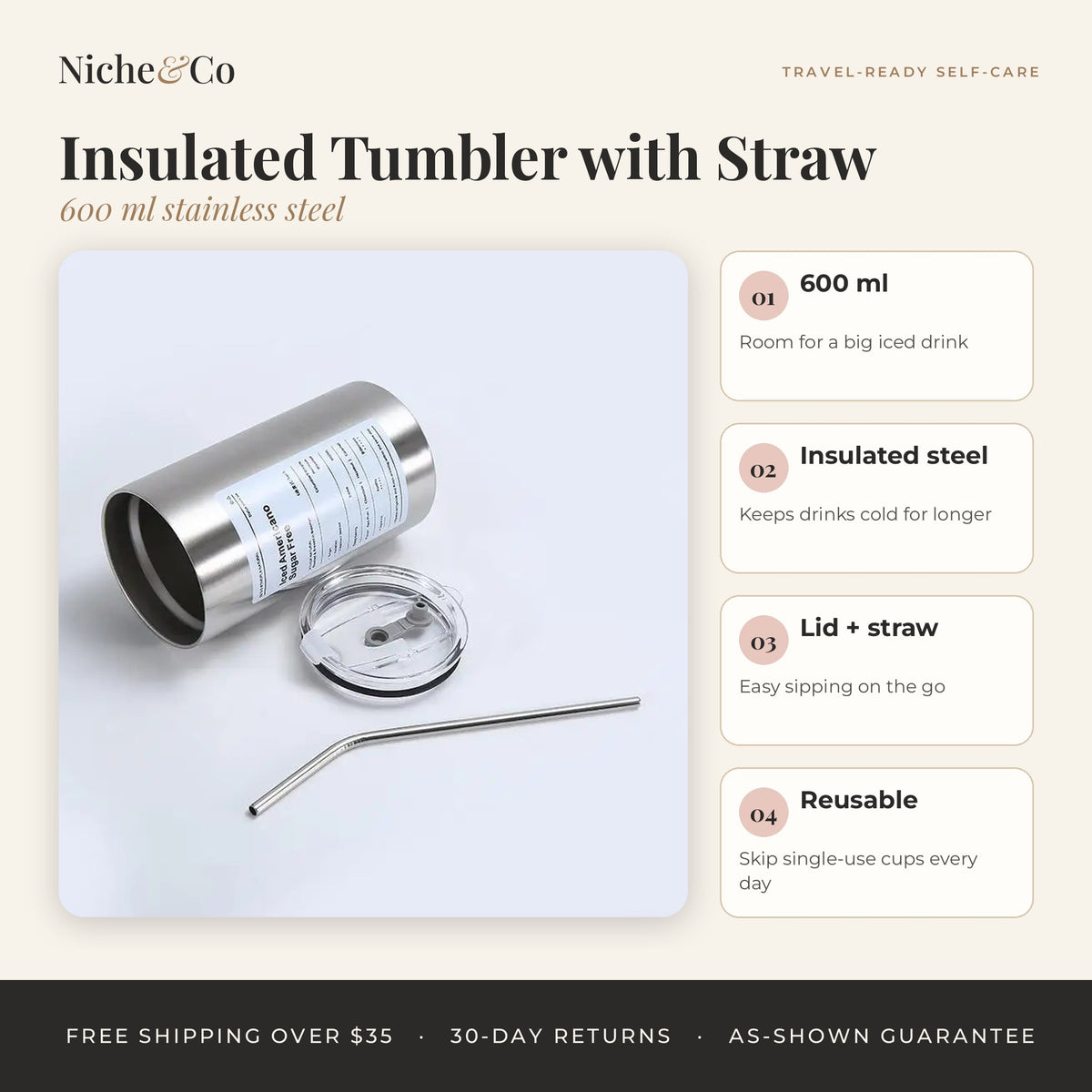 Insulated Stainless Steel Tumbler with Straw, 600 ml by Niche&Co