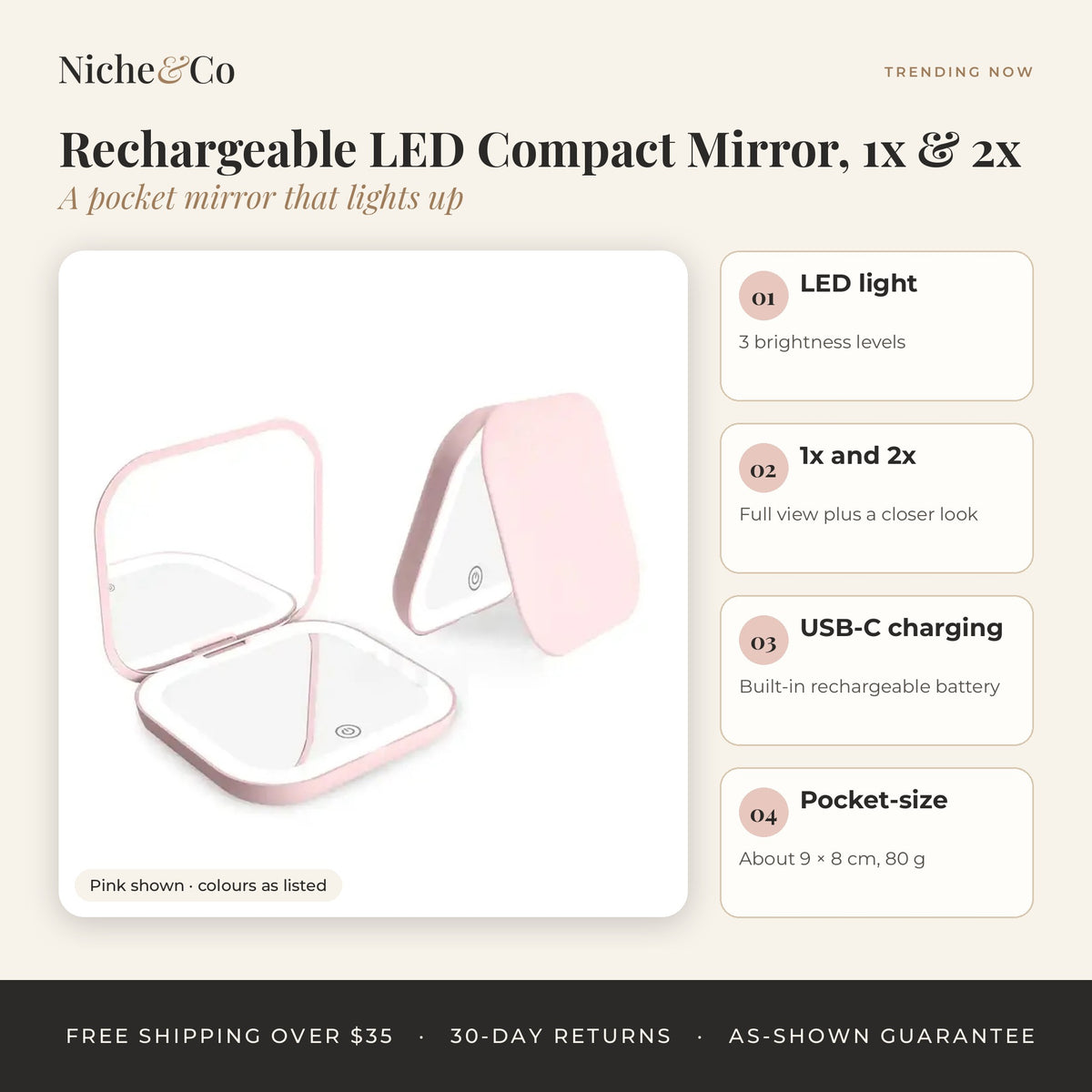 Rechargeable LED Compact Mirror, 1x & 2x