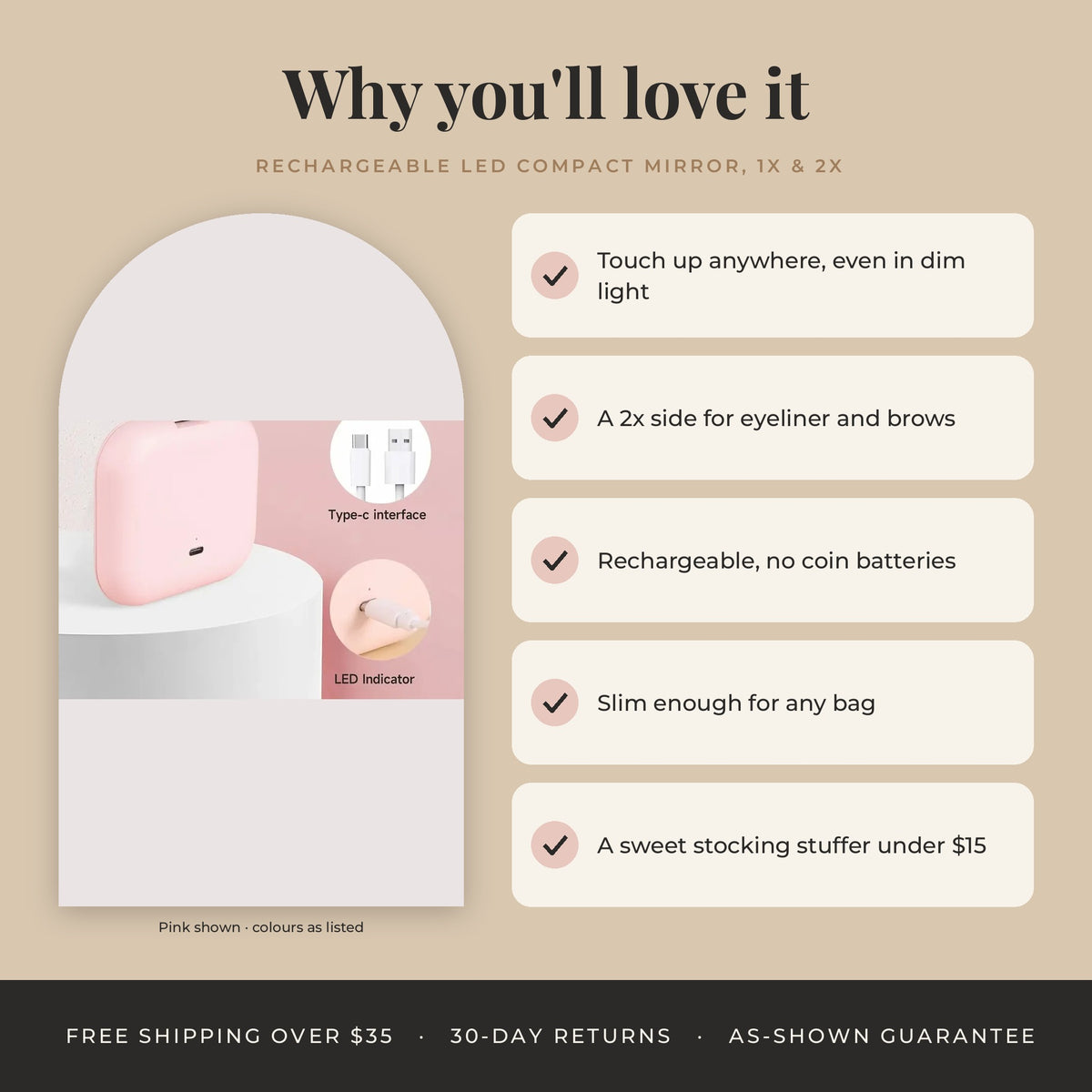Rechargeable LED Compact Mirror, 1x & 2x