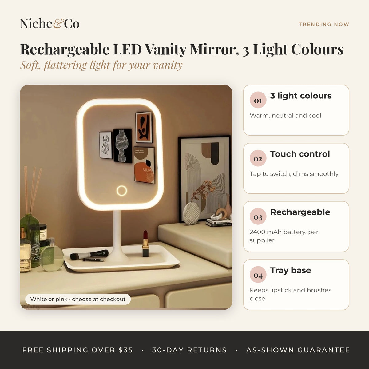 Rechargeable LED Vanity Mirror, 3 Light Colours