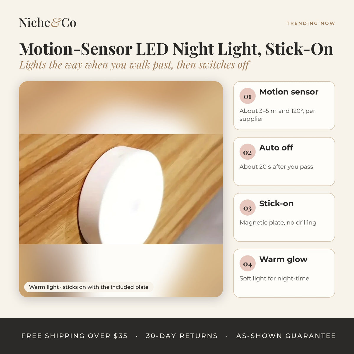 Motion-Sensor LED Night Light, Stick-On