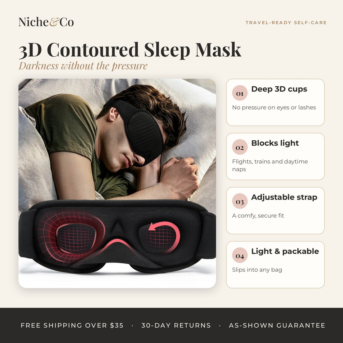 3D Contoured Blackout Sleep Mask by Niche&Co