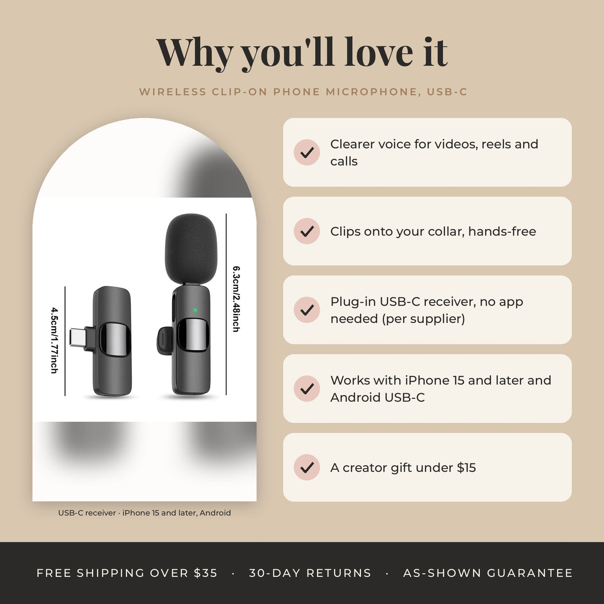 Wireless Clip-On Phone Microphone, USB-C